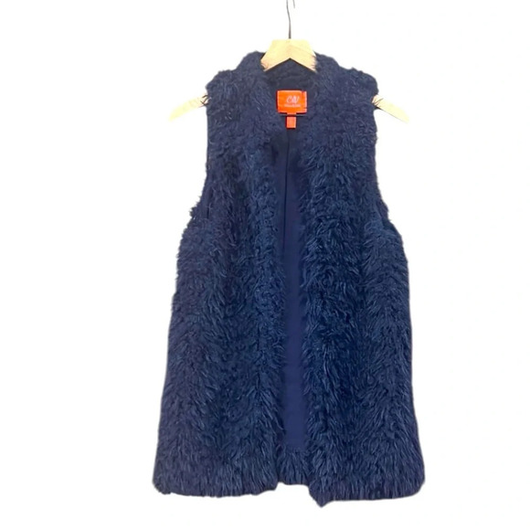 Chelsea & Violet Faux Fur Open Front Long Vest Navy Blue Size Small - Picture 2 of 10